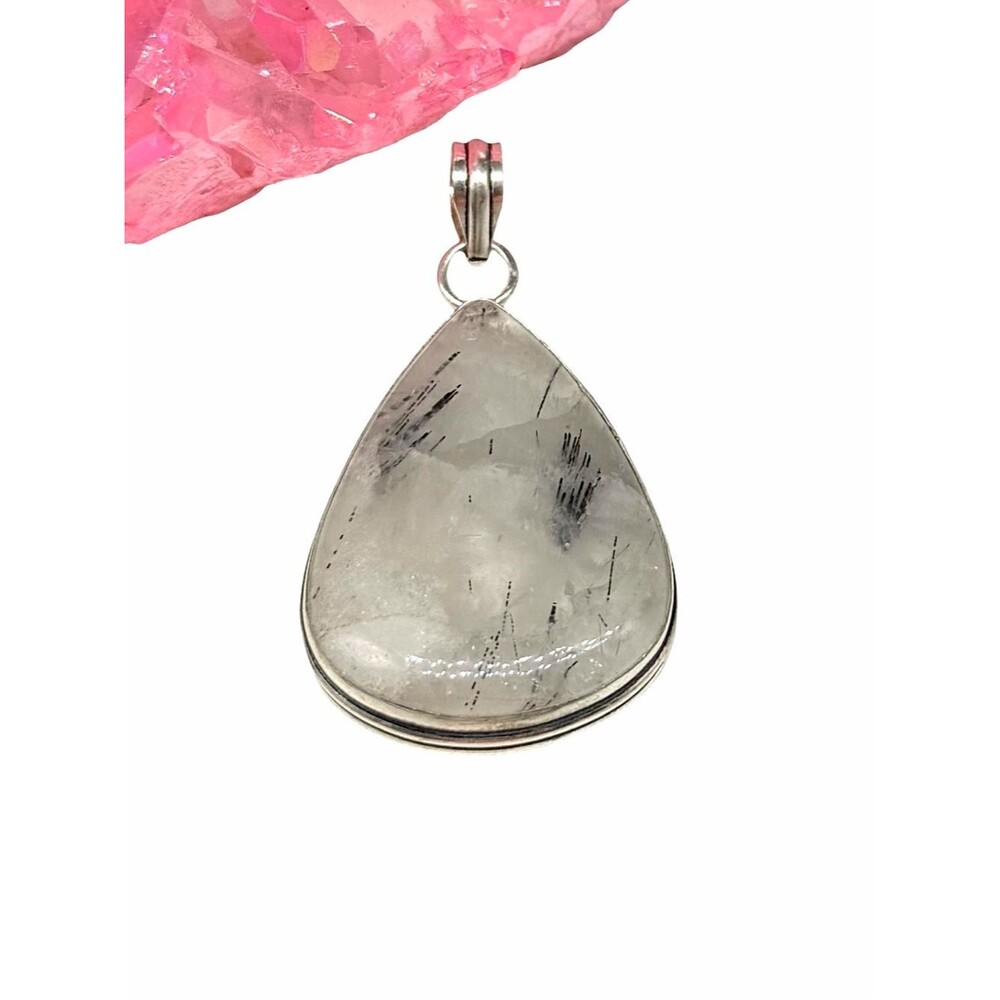 Rutilated Quartz Necklace Pendant 925 Sterling Silver Overlay Black Tourmaline